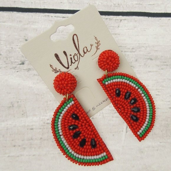 Viola Seed Bead Watermelon Slice Earrings Handcrafted Bling Boho Dangle Handmade - Picture 1 of 3